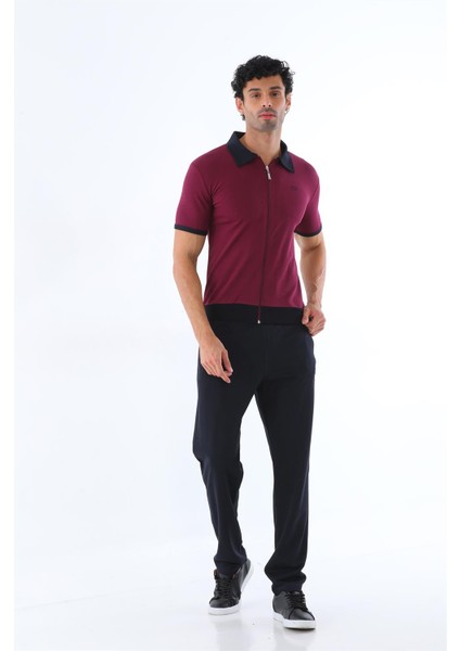 Erkek Kombin Vişne Amerikan Pike Kumaş Polo Yaka Fermuarlı Kısa Kol T-Shirt Siyah Eşofman Takımı - 7647