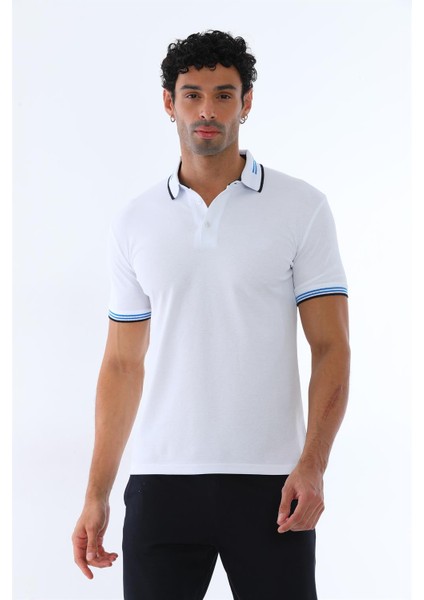 Erkek Beyaz Amerikan Pike Kumaş Polo Yaka Ribana Kısa Kollu T-Shirt - 134