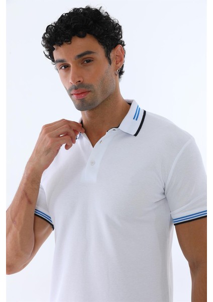 Erkek Beyaz Amerikan Pike Kumaş Polo Yaka Ribana Kısa Kollu T-Shirt - 134