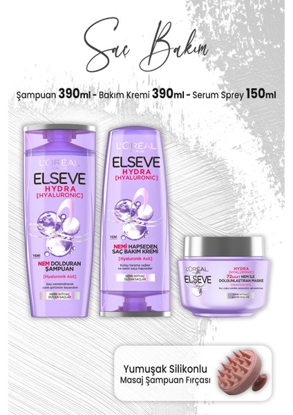 Hydra Hyaluronik Şampuan 390 Ml, Krem 390 Ml, Maske 300 ml ve Masaj Şampuan Fırçası Pembe