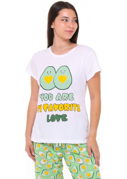 Kadın Beyaz Yeşil Love Avakado Baskılı Tşort Pantolon Takımı