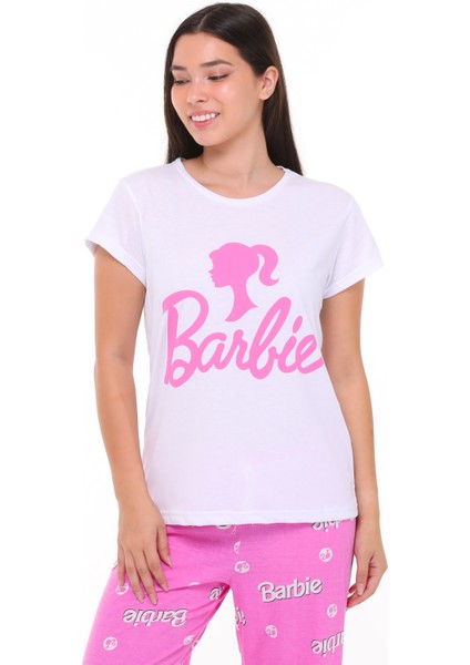 Kadın Beyaz Pembe Karakter Baskılı Tşort Pantolon Takımı