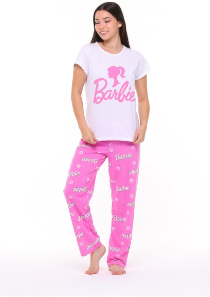 Kadın Beyaz Pembe Karakter Baskılı Tşort Pantolon Takımı