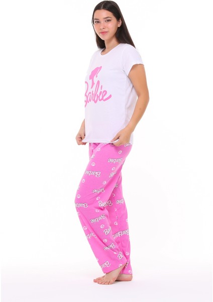 Kadın Beyaz Pembe Karakter Baskılı Tşort Pantolon Takımı