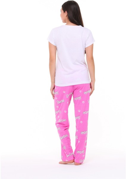 Kadın Beyaz Pembe Karakter Baskılı Tşort Pantolon Takımı