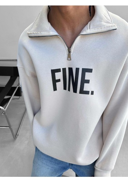 Oversize Yarım Fermuarlı Baskılı Sweatshirt Bej