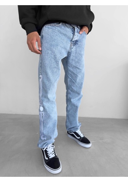 Baggy Fit Nakış İşlemeli Jean Mavi