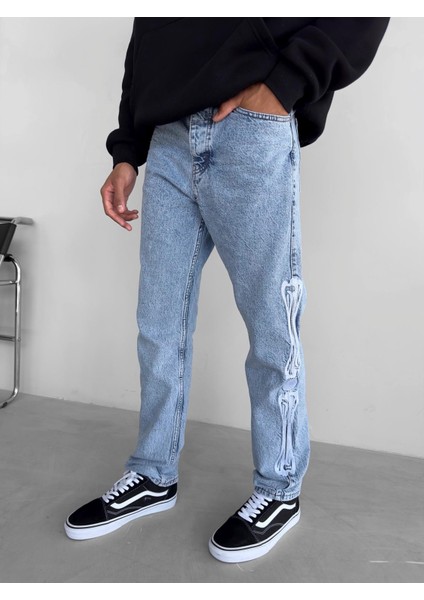 Baggy Fit Nakış İşlemeli Jean Mavi