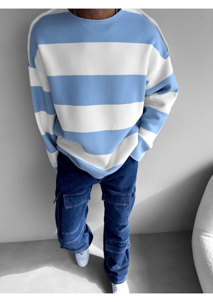 Oversize Çizgili Sweatshirt Bebek Mavi