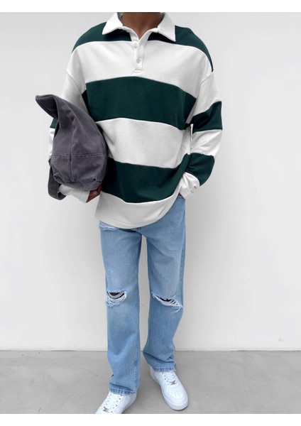 Abluka Online Oversize Çizgili Sweatshirt Yeşil