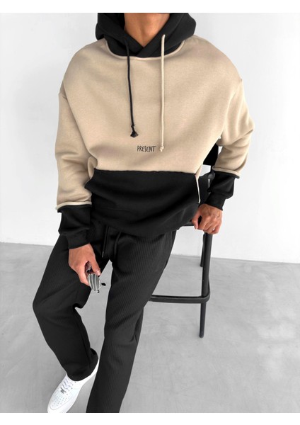 Oversize Çift Renkli Kapüşonlu Sweatshirt Kahverengi