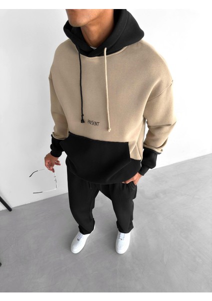 Oversize Çift Renkli Kapüşonlu Sweatshirt Kahverengi