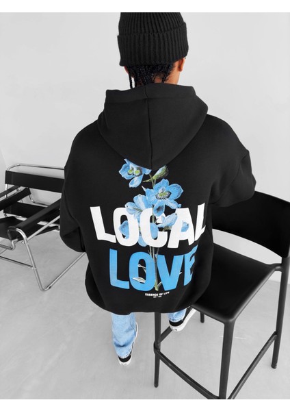 Abluka Online Oversize Local Love Baskılı Kapüşonlu Sweatshirt Siyah