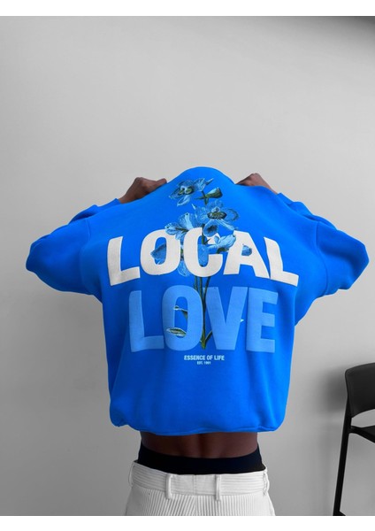 Oversize Local Love Baskılı Kapüşonlu Sweatshirt Mavi