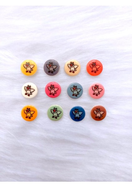 60 Adet 15 Mm Yuvarlak Arkadan Delikli Karışık Renkli Kuş Desenli Düğme