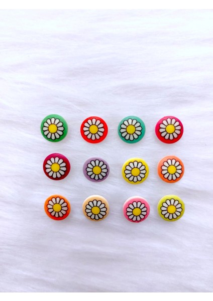 60 Adet 15 Mm Yuvarlak Arkadan Delikli Karışık Renkli Papatya Desenli Düğme