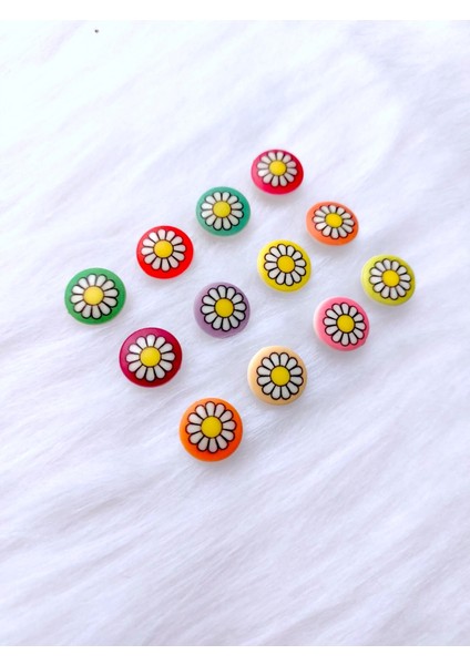 60 Adet 15 Mm Yuvarlak Arkadan Delikli Karışık Renkli Papatya Desenli Düğme modelleri