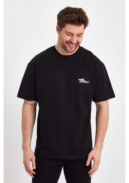 2702-1 Basic 24X1 Süprem Oversize Ön Sol Göğüs Balık Baskılı T-Shirt
