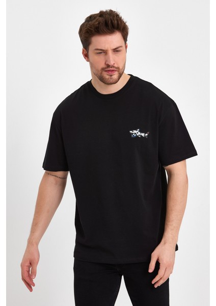 2702-1 Basic 24X1 Süprem Oversize Ön Sol Göğüs Balık Baskılı T-Shirt