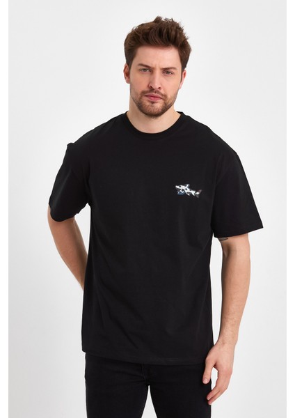 2702-1 Basic 24X1 Süprem Oversize Ön Sol Göğüs Balık Baskılı T-Shirt