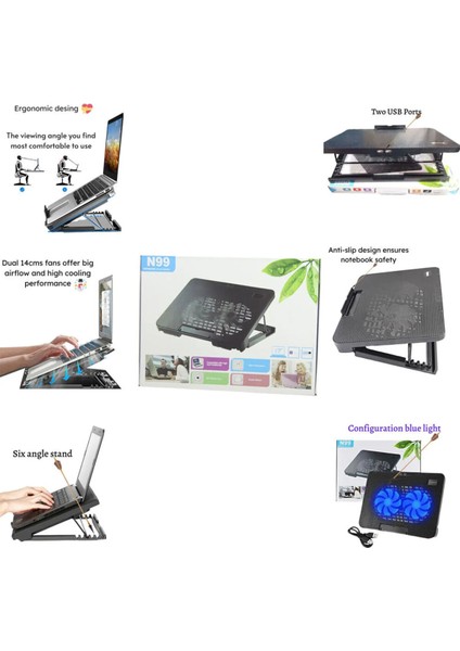 N99 Notebook Cooler LED Işıklı Laptop Soğutucu Fan Ayarlanabilir Dizüstü Bilgisayar Standı Stant