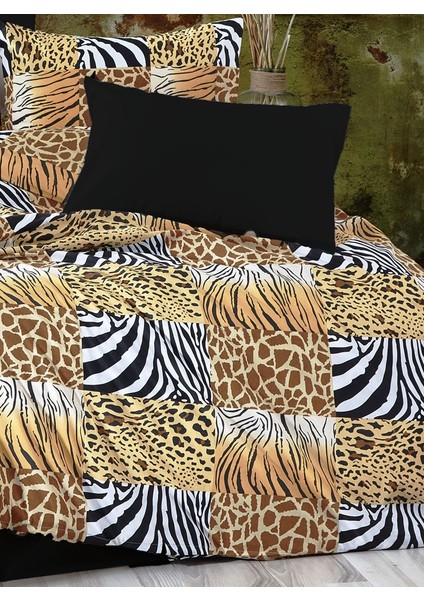 Leopar ve Zebra Desenli Siyah Çarşaflı 4 Yastık Kılıflı / Pamuklu Ranforce Ütü Istemez Kırışmaz Çift Kişilik Nevresim Takımı - 6157S