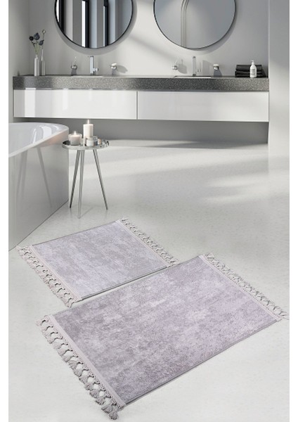 Nova Gri 60X100 + 50X60 cm 2'li Köşeli Ponpon Saçaklı Banyo Halısı Kaymaz Yıkanabilir Paspas Seti