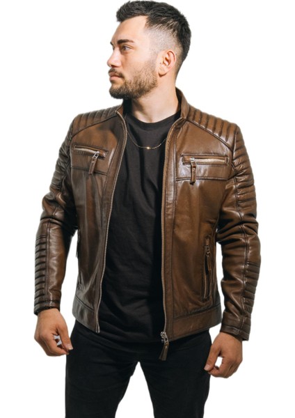 Mont Taba Rengi Erkek Ceket Kuzu Derisi Büyük Beden Brad