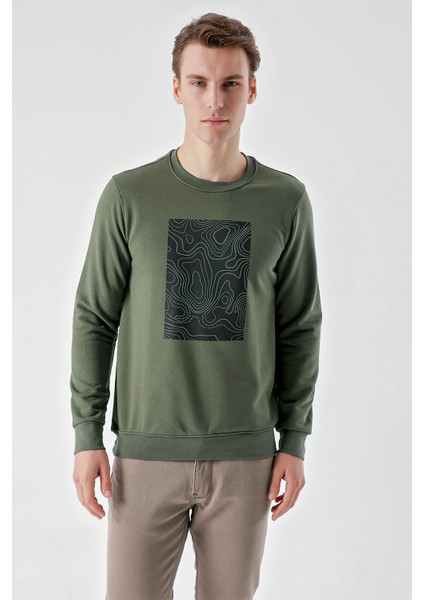 Erkek Haki Trend Bisiklet Yaka Sweat-Shirt