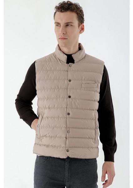 Erkek Bej Polyester Çıtçıtlı Kapitone Yelek