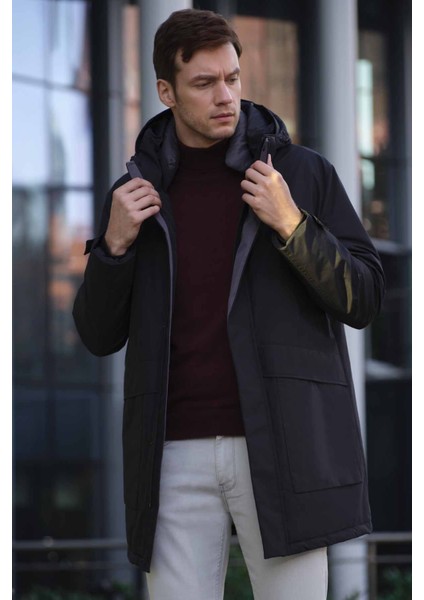 Erkek Siyah Flora Çıtçıtlı Kapüşonlu Dynamic Fit Rahat Kesim Mont modelleri