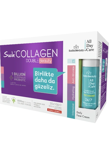 Suda Collagen Double Beauty 10GX30 Şase Karpuz Kolajen+Suda Beauty-All Day Care Yüz Kremi 50ML