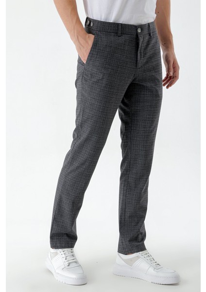 Erkek Füme Poliviskon Trend Ekoseli Slim Fit Classic Pantolon