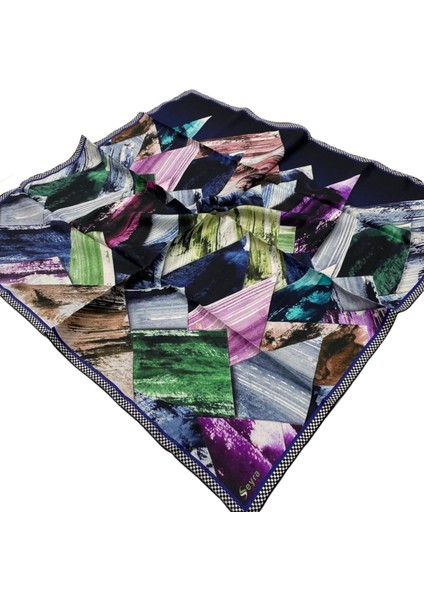 Lacivert Geometrik Desen Tivil Ipek Eşarp 3575
