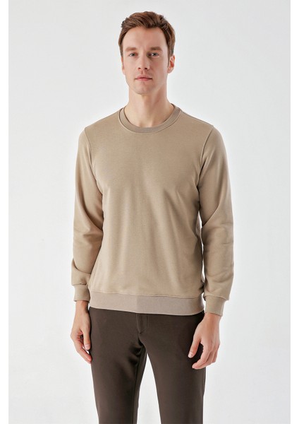 Erkek Bej Basic Bisiklet Yaka Sweat-Shirt