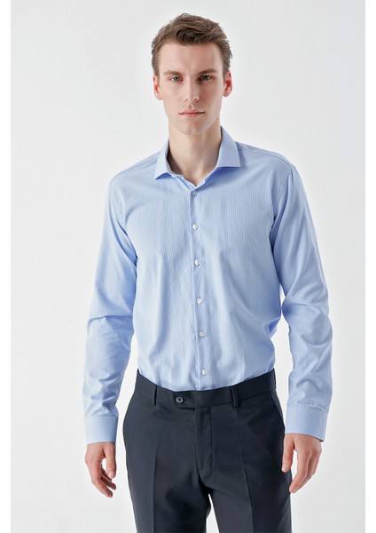 Erkek Mavi Trend Baskılı Desenli Italyan Yaka Slim Fit Gömlek