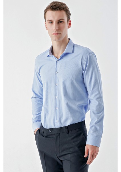 Erkek Mavi Trend Baskılı Desenli Italyan Yaka Slim Fit Gömlek modelleri