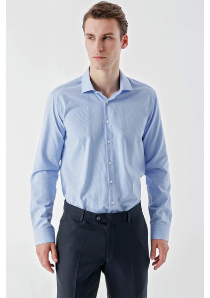 Erkek Mavi Trend Baskılı Desenli Italyan Yaka Slim Fit Gömlek fırsatları