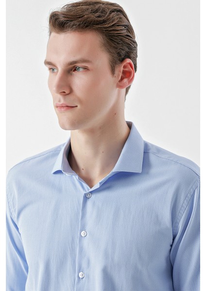 Erkek Mavi Trend Baskılı Desenli Italyan Yaka Slim Fit Gömlek indirimleri