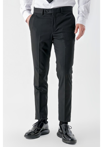 Erkek Siyah Poliviskon Basic Düz Desen Slim Fit Classic Pantolon