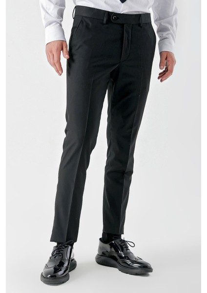 Erkek Siyah Poliviskon Basic Düz Desen Slim Fit Classic Pantolon