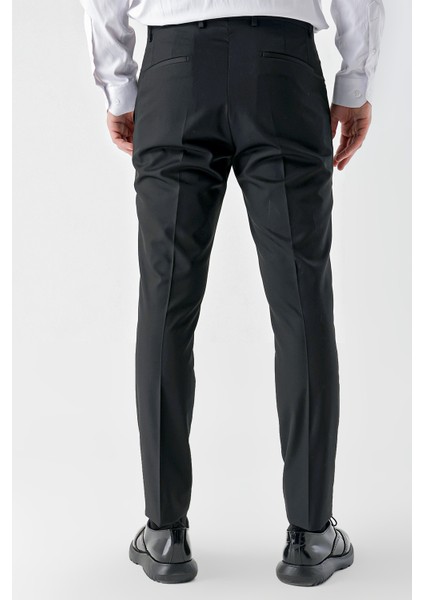 Erkek Siyah Poliviskon Basic Düz Desen Slim Fit Classic Pantolon