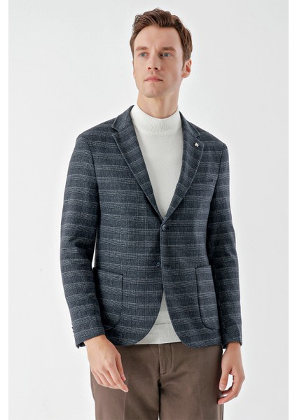 Erkek Lacivert Örme Slim Fit Torba Cep Mono Yaka Spor Ceket