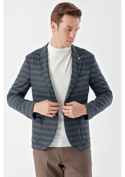 Erkek Lacivert Örme Slim Fit Torba Cep Mono Yaka Spor Ceket
