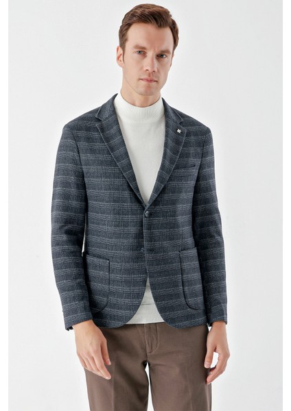 Erkek Lacivert Örme Slim Fit Torba Cep Mono Yaka Spor Ceket