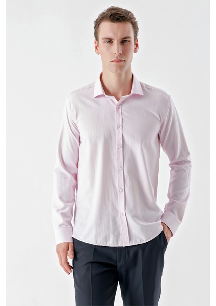 Erkek Pembe Trend Jakar Desen Italyan Yaka Slim Fit Gömlek