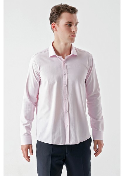 Erkek Pembe Trend Jakar Desen Italyan Yaka Slim Fit Gömlek modelleri