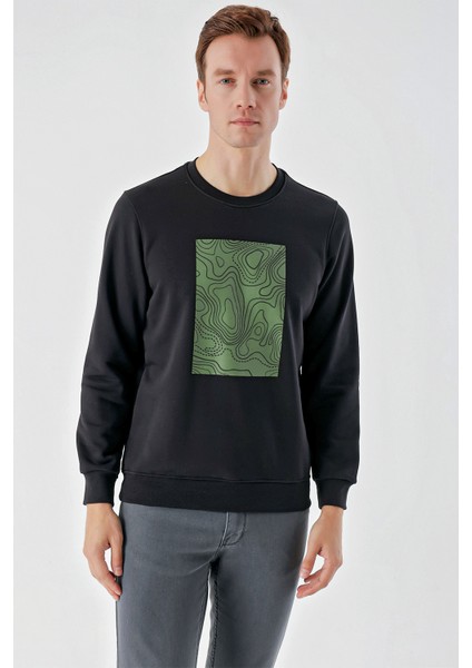 Erkek Siyah Trend Bisiklet Yaka Sweat-Shirt