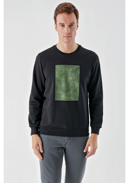 Erkek Siyah Trend Bisiklet Yaka Sweat-Shirt