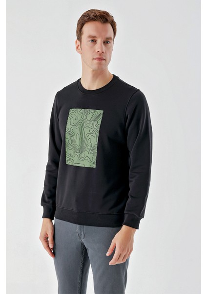 Erkek Siyah Trend Bisiklet Yaka Sweat-Shirt